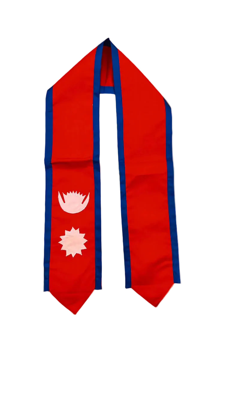 Red scarf with blue stripes and a white emblem on a beige background